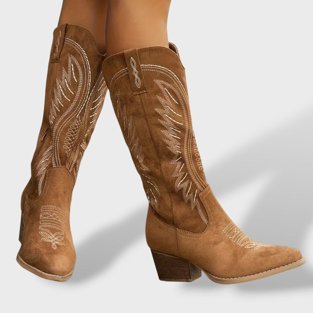 Women's Orthopedic Cowboy Boots | Embroidered Suede Western Boots with Block Heel and Anatomical Support Insole