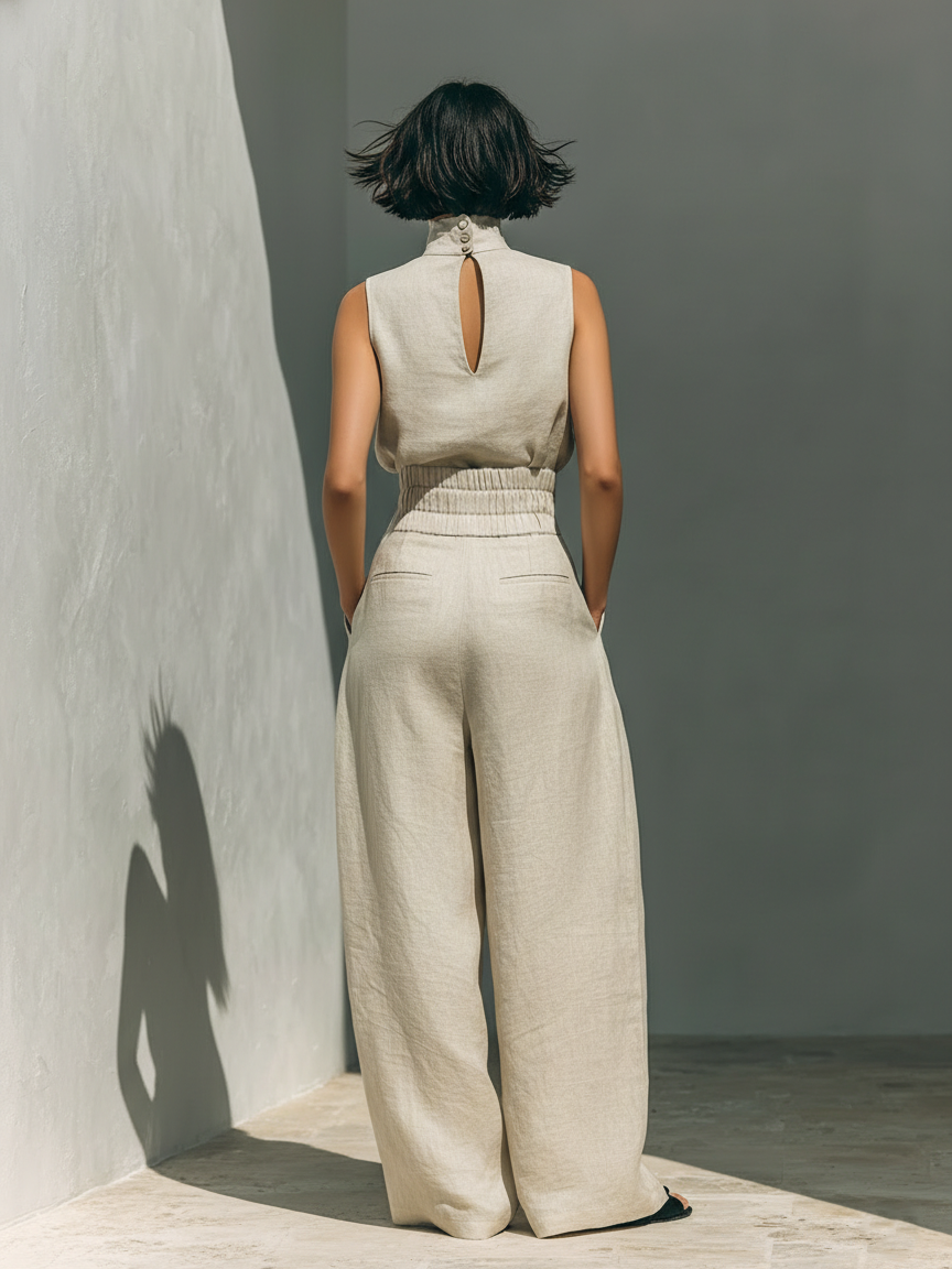 Aurora | Relaxed Beige Sleeveless Wide-Leg Co-Ord Set