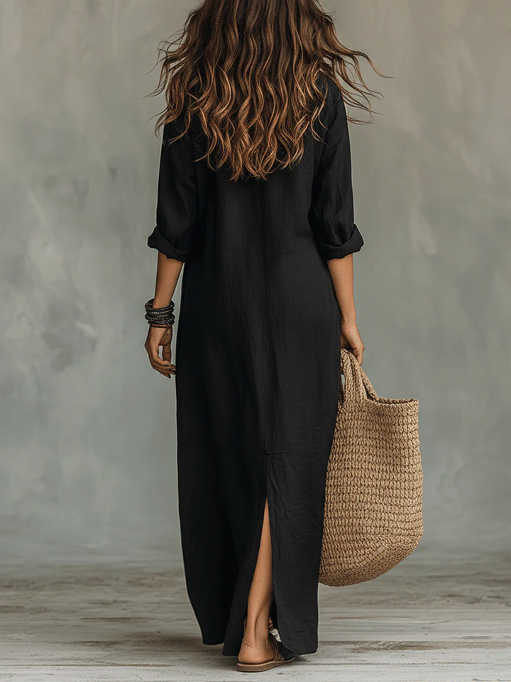 Soline™ | Oversized Black Maxi Dress with Buttons