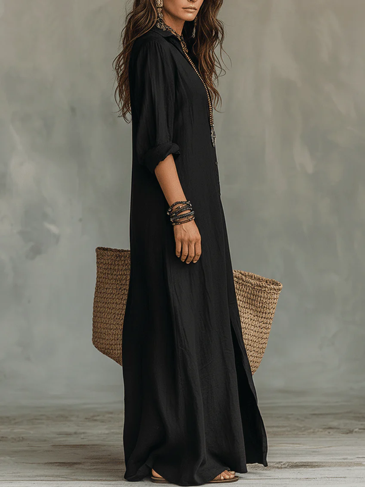 Soline™ | Oversized Black Maxi Dress with Buttons