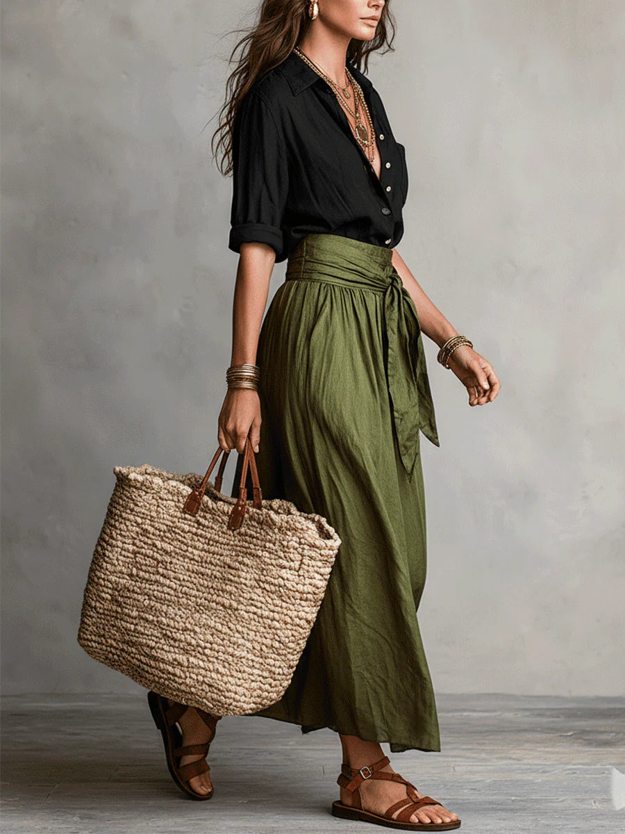 Vera™ | Two-Piece Set: Black Top and Olive Green Midi Skirt