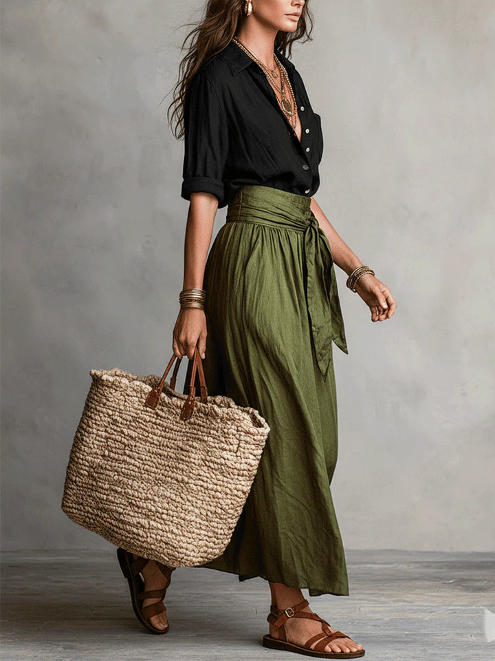 Vera™ | Two-Piece Set: Black Top and Olive Green Midi Skirt