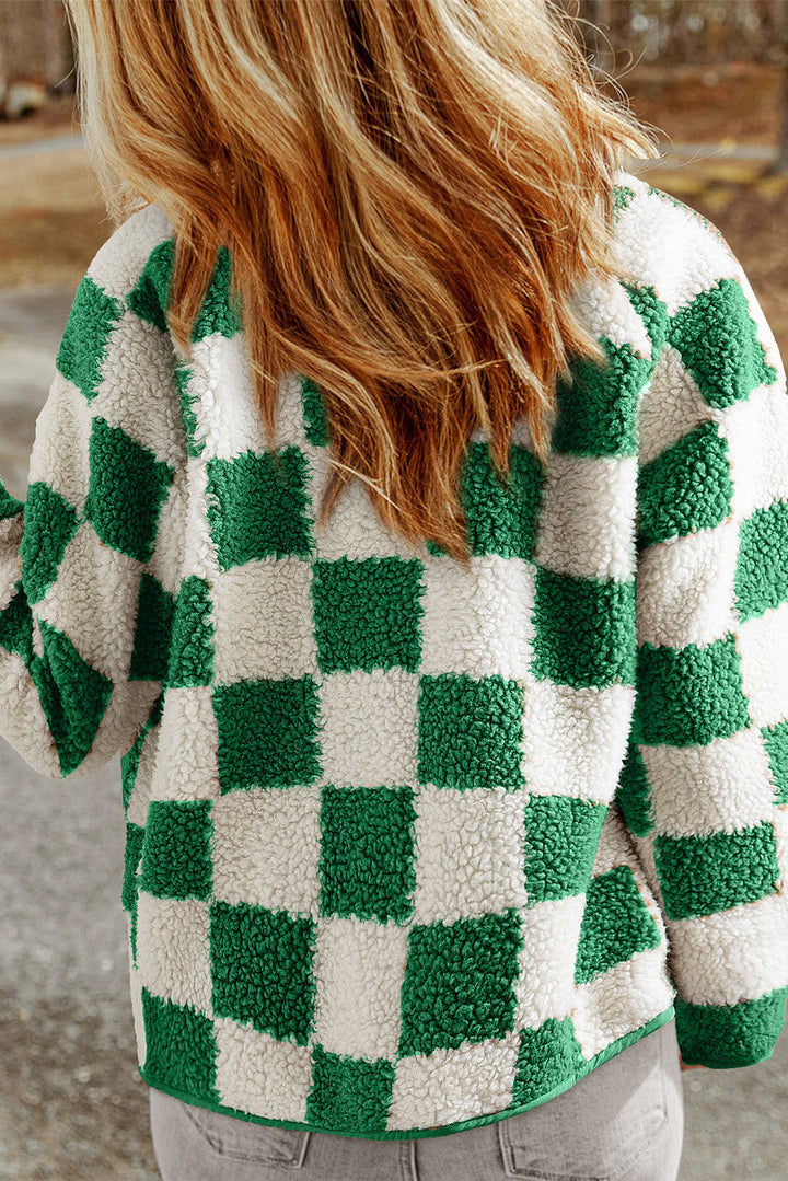 Checked sherpa jacket with press studs for women