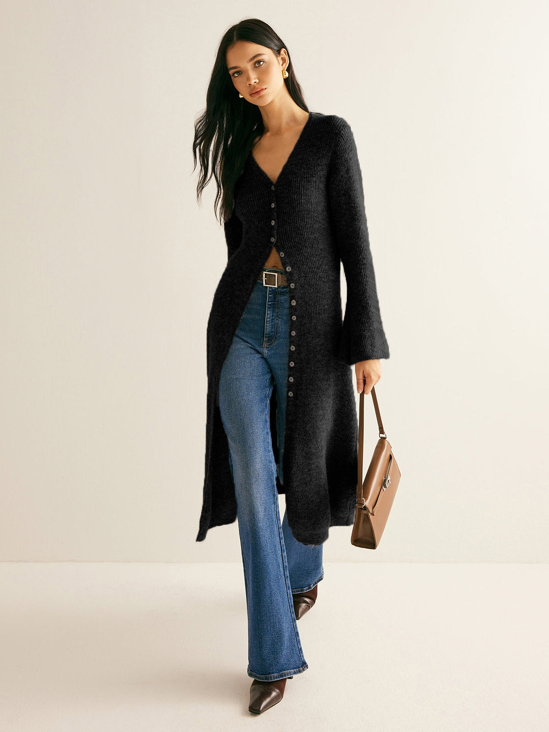 Ariadna | Women's Long Fine-Knit Cardigan with V-Neck and Buttons