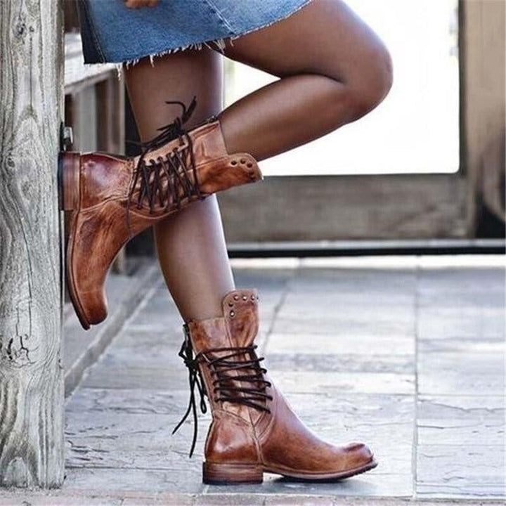 Berta | Women's Mid-Calf Military Lace-Up Boots with Low Heels