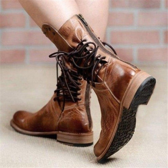 Berta | Women's Mid-Calf Military Lace-Up Boots with Low Heels