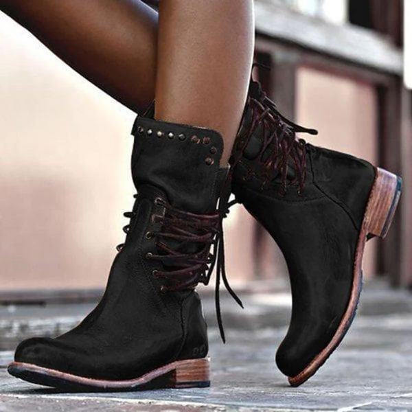 Berta | Women's Mid-Calf Military Lace-Up Boots with Low Heels