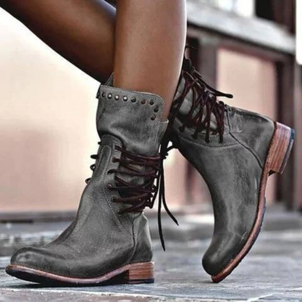 Berta | Women's Mid-Calf Military Lace-Up Boots with Low Heels