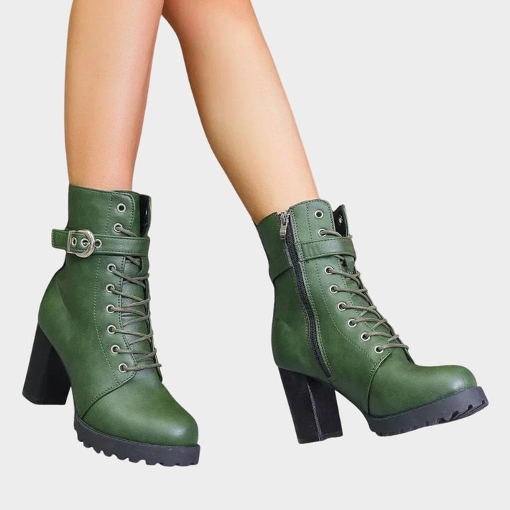 Berta | Women's Lace-Up Block Heel Ankle Boots with Buckle