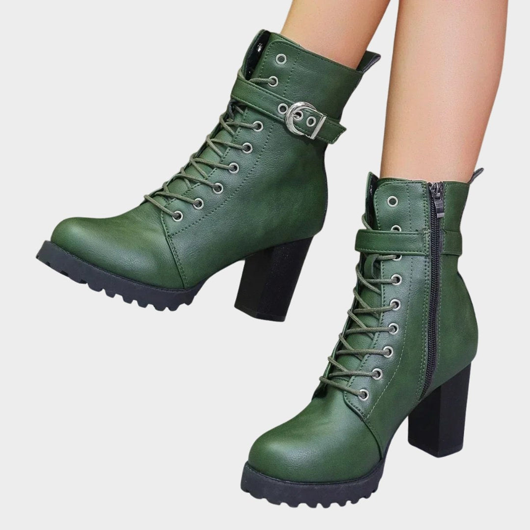 Berta | Women's Lace-Up Block Heel Ankle Boots with Buckle