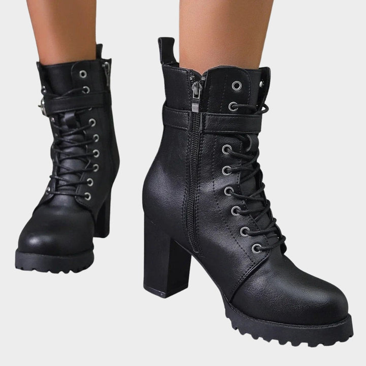 Berta | Women's Lace-Up Block Heel Ankle Boots with Buckle
