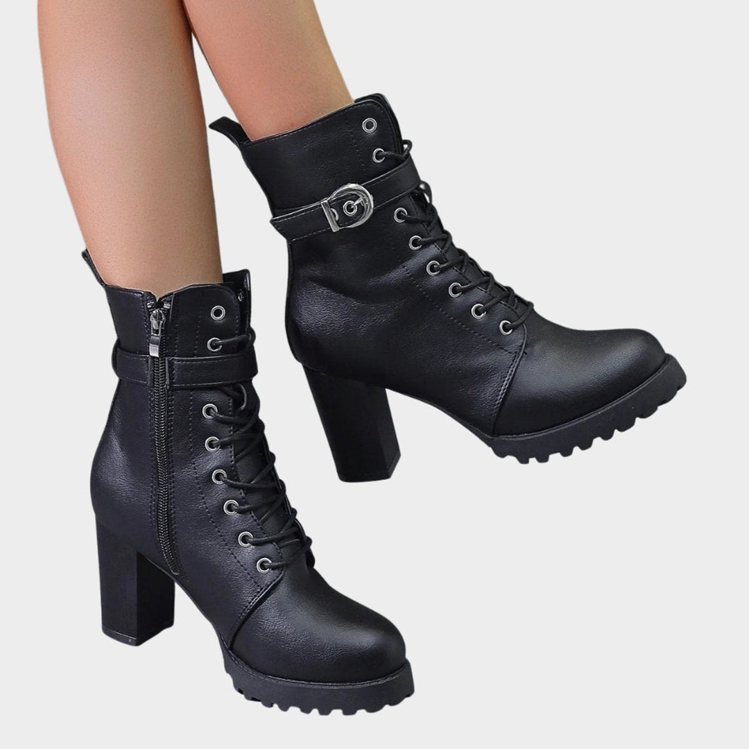 Berta | Women's Lace-Up Block Heel Ankle Boots with Buckle