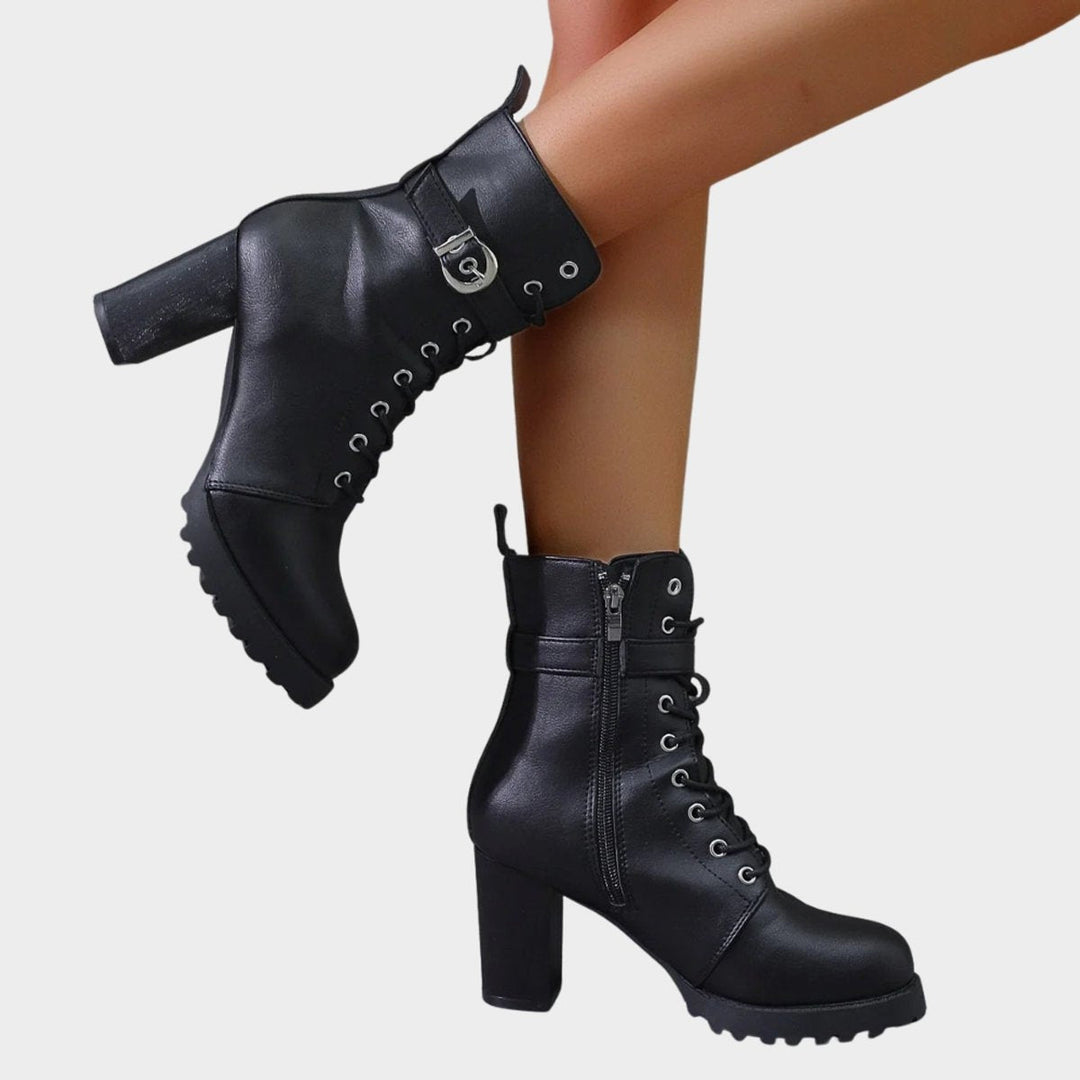 Berta | Women's Lace-Up Block Heel Ankle Boots with Buckle