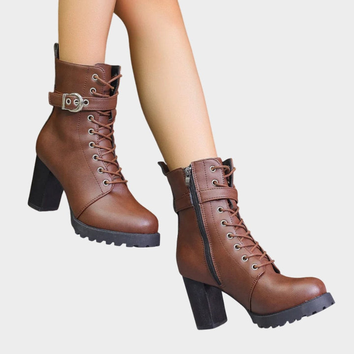 Berta | Women's Lace-Up Block Heel Ankle Boots with Buckle