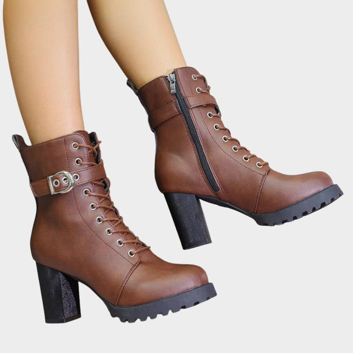 Berta | Women's Lace-Up Block Heel Ankle Boots with Buckle