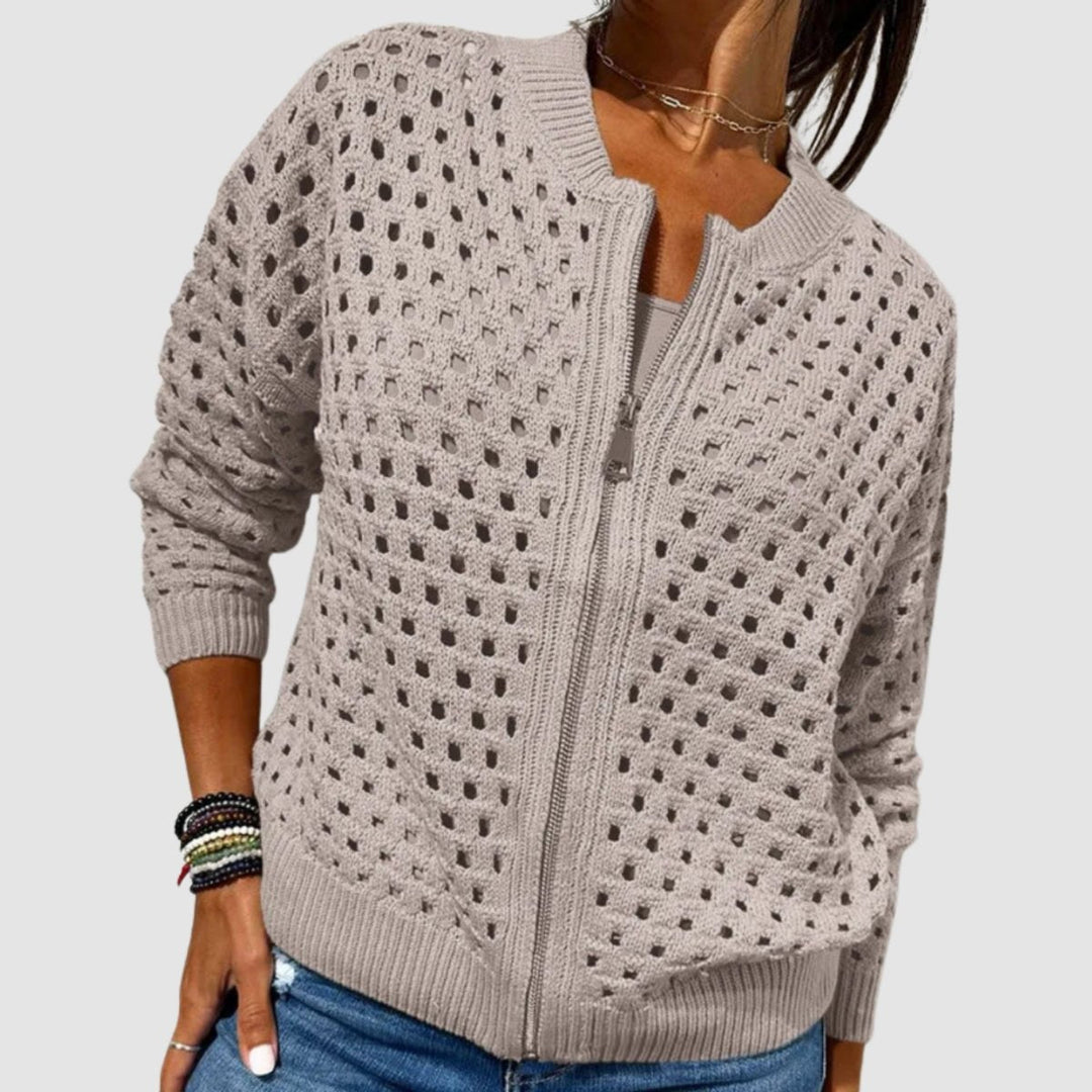 Berta | Women's Open-Knit Zip-Up Long-Sleeve Cardigan