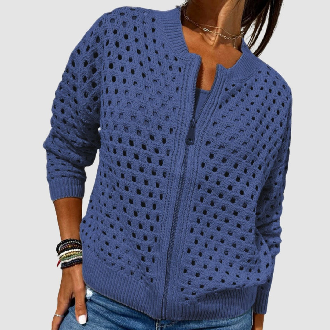 Berta | Women's Open-Knit Zip-Up Long-Sleeve Cardigan