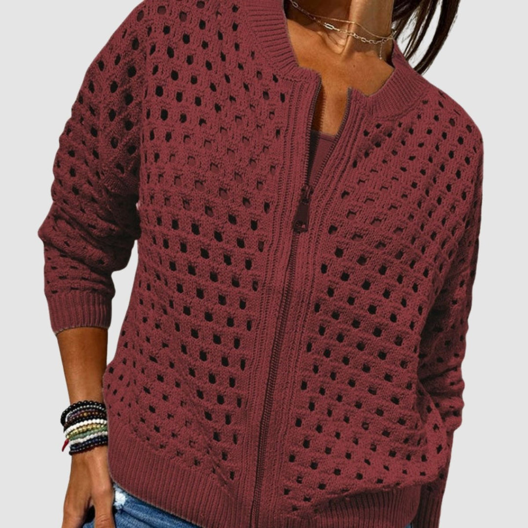 Berta | Women's Open-Knit Zip-Up Long-Sleeve Cardigan
