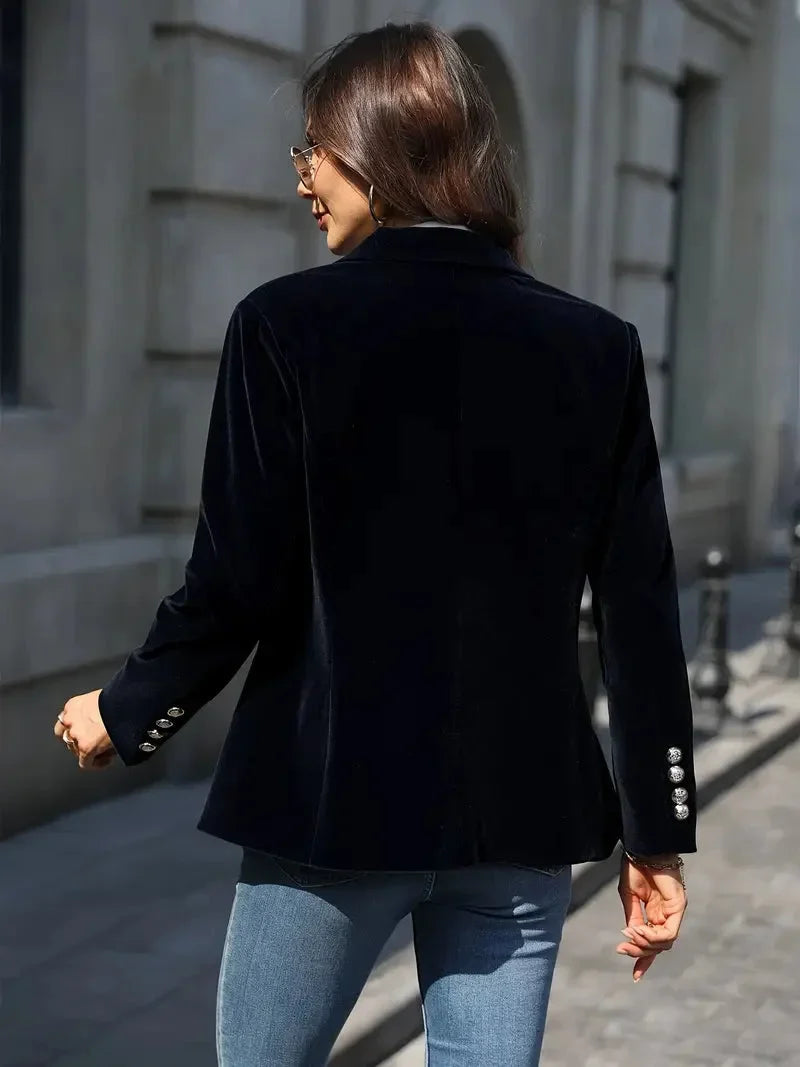 Fitted Velvet Blazer for Women with Modern Decorative Buttons