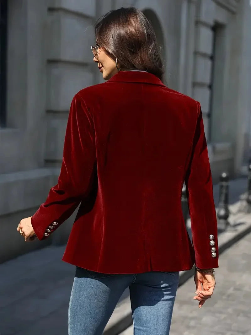 Fitted Velvet Blazer for Women with Modern Decorative Buttons