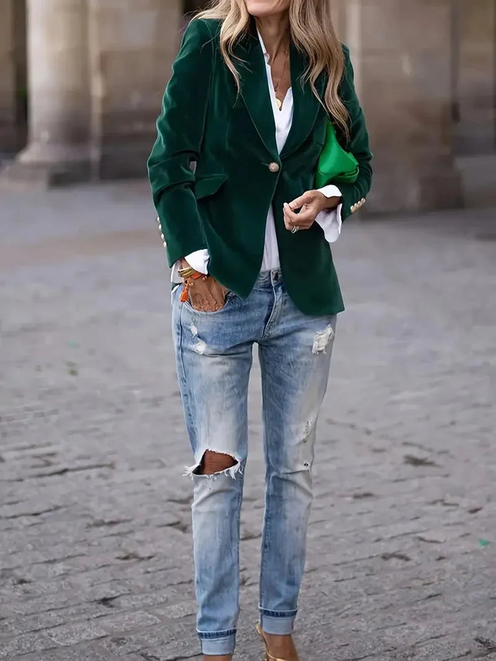 Fitted Velvet Blazer for Women with Modern Decorative Buttons