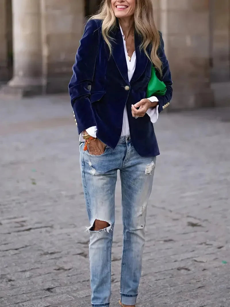 Fitted Velvet Blazer for Women with Modern Decorative Buttons
