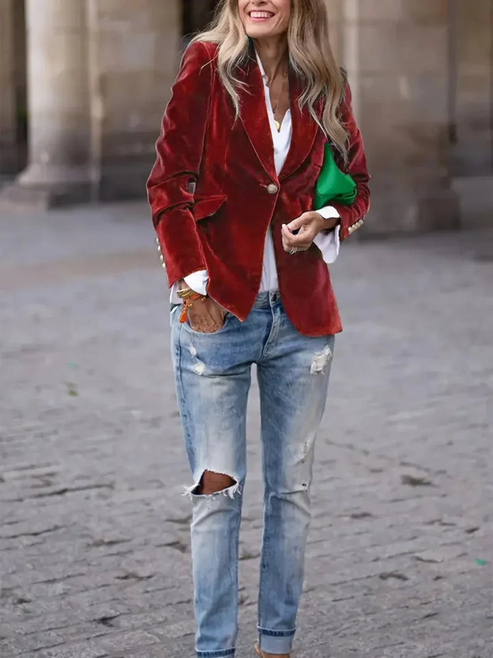 Fitted Velvet Blazer for Women with Modern Decorative Buttons