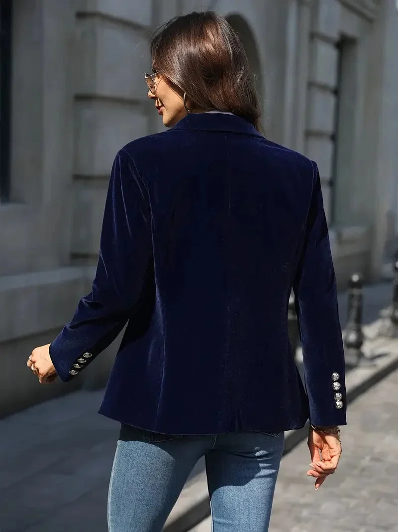 Fitted Velvet Blazer for Women with Modern Decorative Buttons