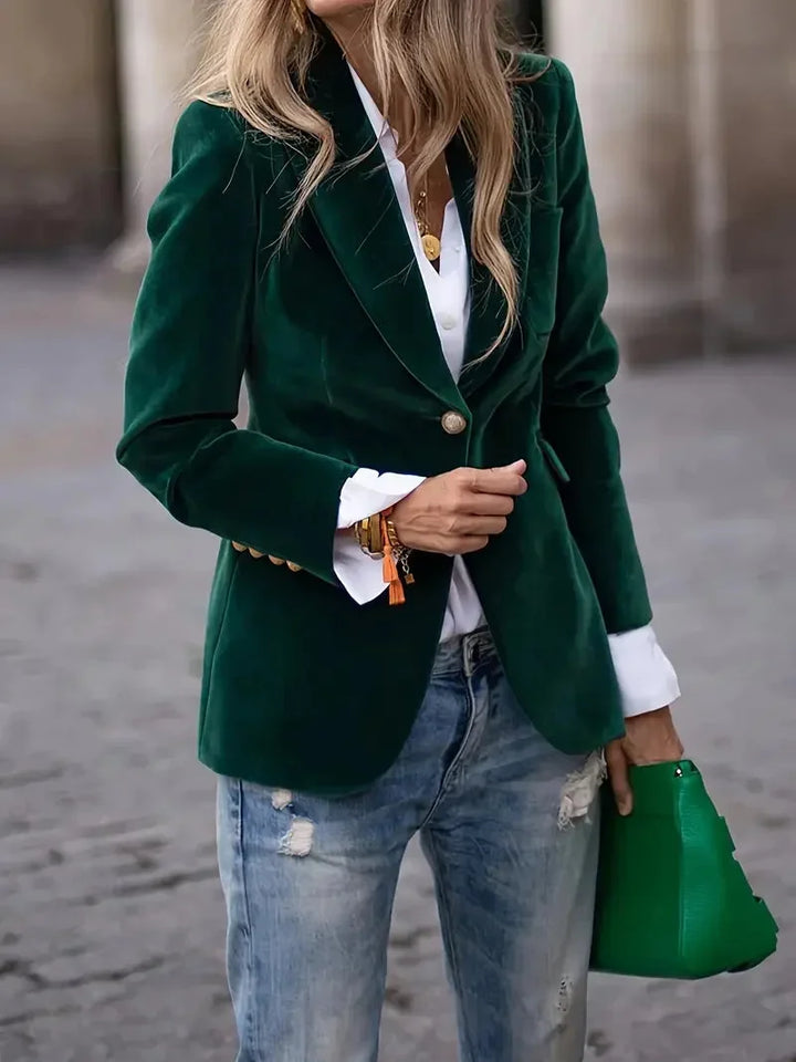 Fitted Velvet Blazer for Women with Modern Decorative Buttons