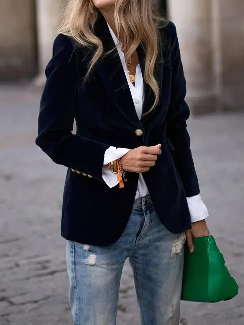 Fitted Velvet Blazer for Women with Modern Decorative Buttons