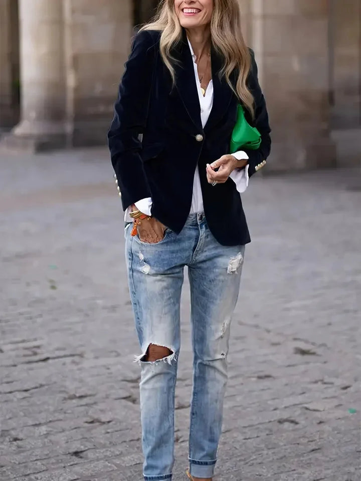 Fitted Velvet Blazer for Women with Modern Decorative Buttons
