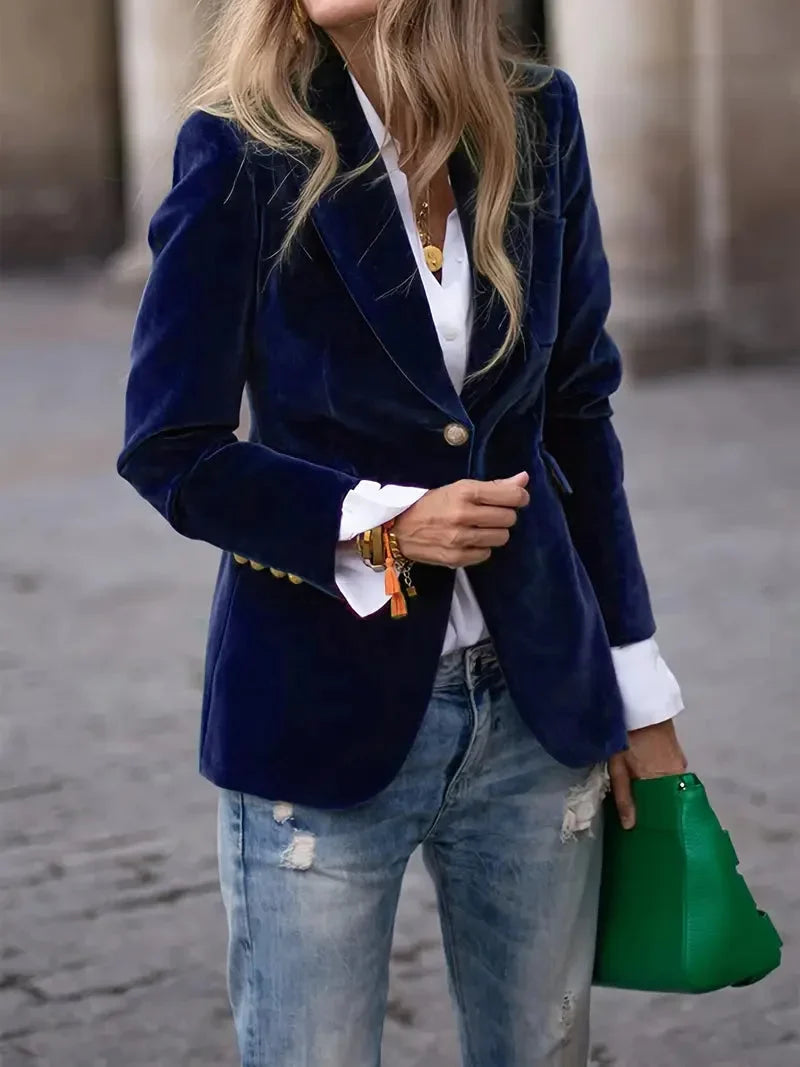 Fitted Velvet Blazer for Women with Modern Decorative Buttons