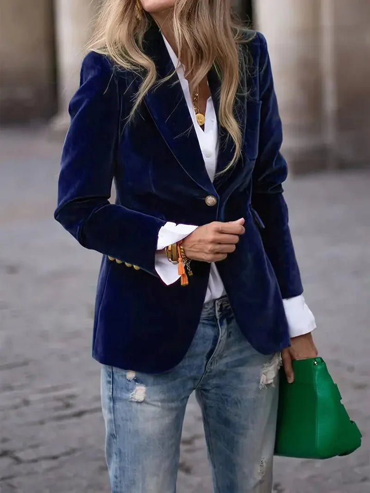 Fitted Velvet Blazer for Women with Modern Decorative Buttons