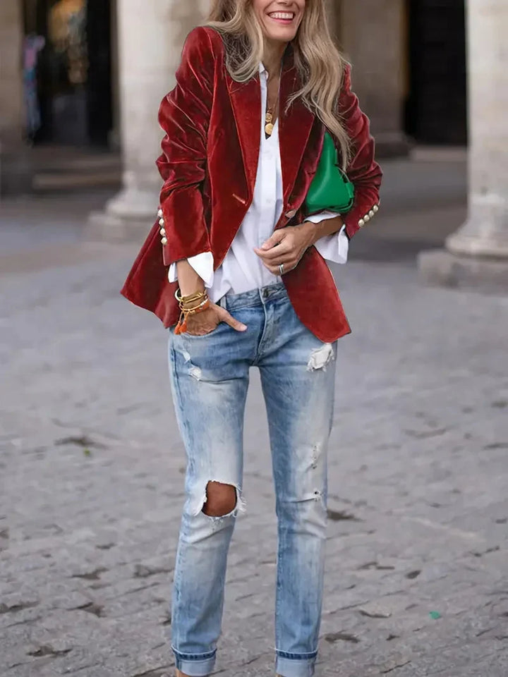Fitted Velvet Blazer for Women with Modern Decorative Buttons