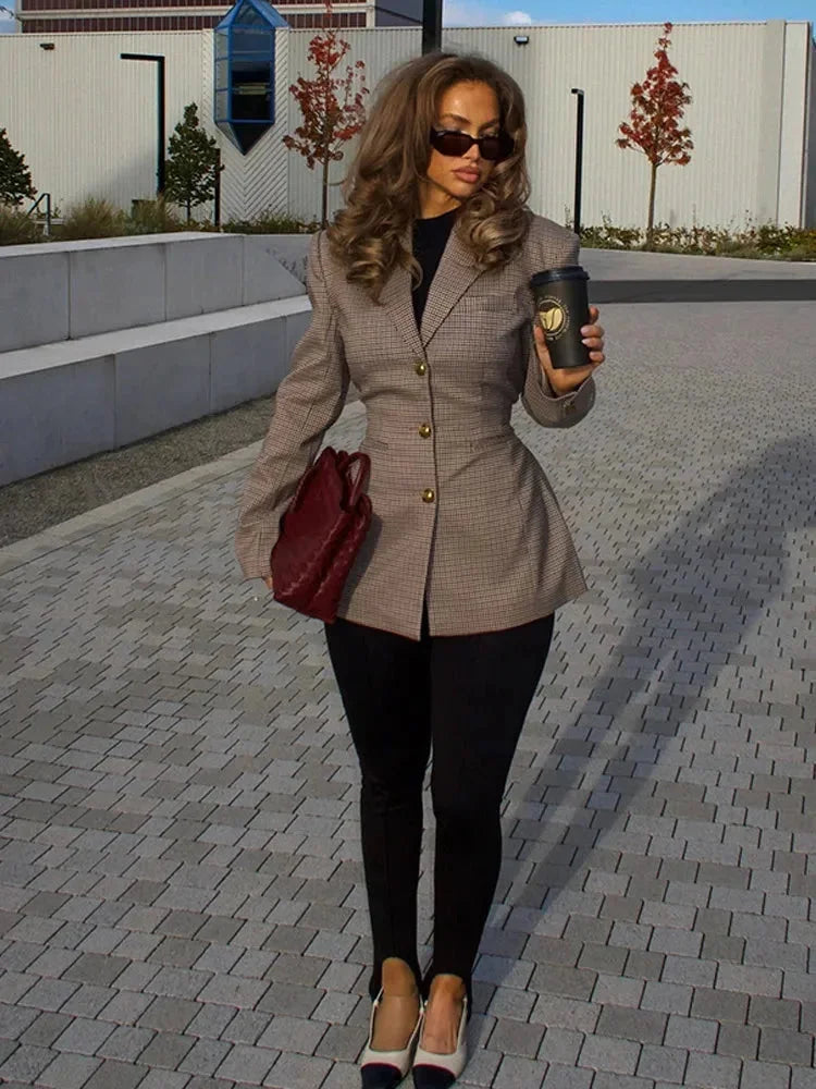 Checked Blazer for Women with Elegant Gold Buttons