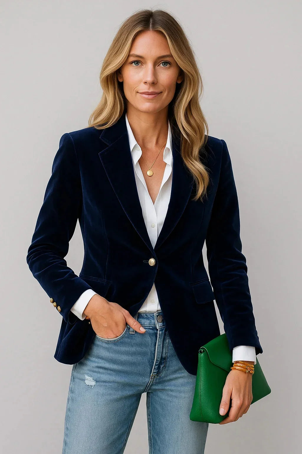Fitted velvet blazer for women with a single-button closure