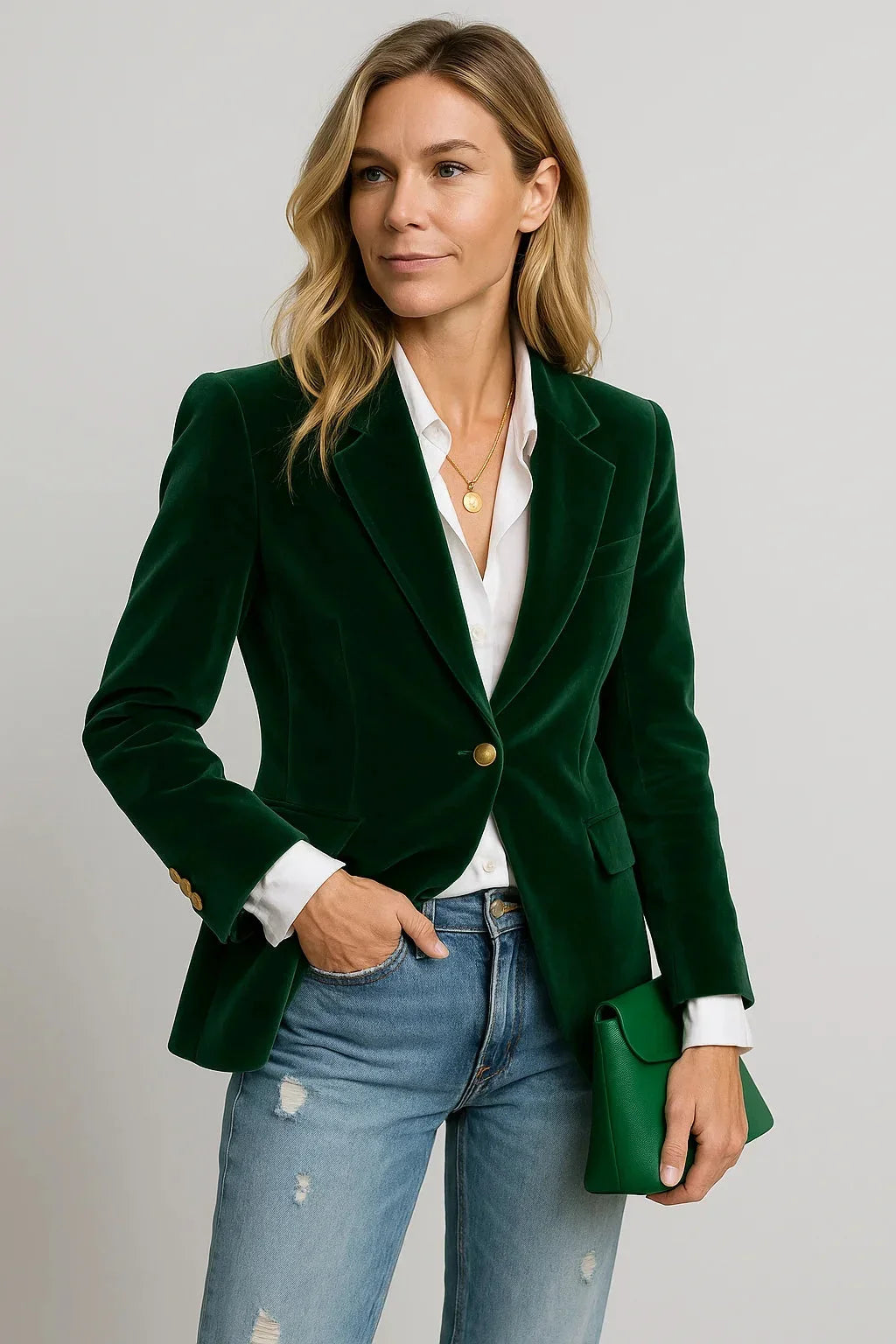 Fitted velvet blazer for women with a single-button closure