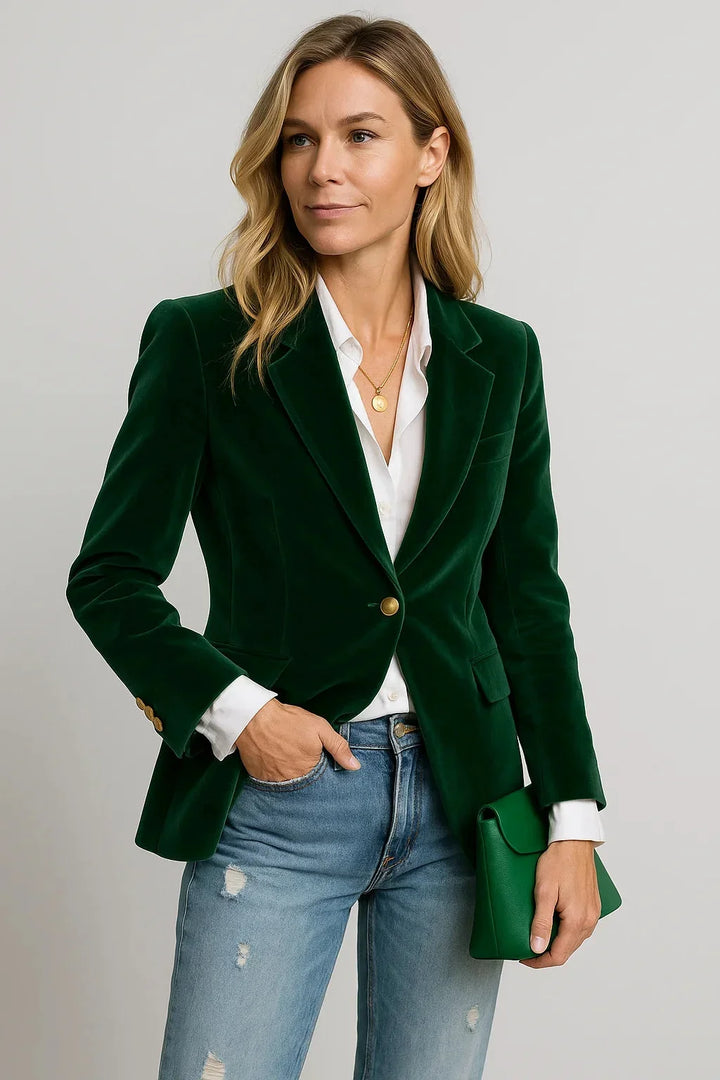 Fitted velvet blazer for women with a single-button closure