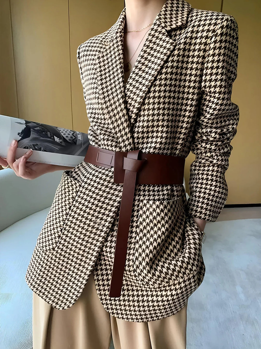Women's houndstooth blazer with belt and slit