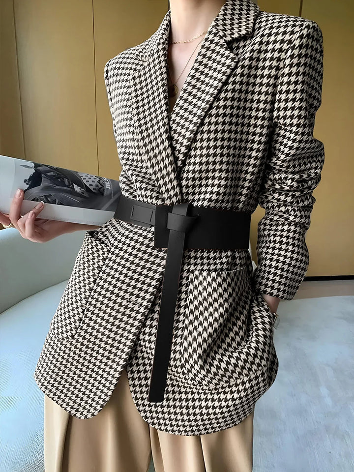 Women's houndstooth blazer with belt and slit