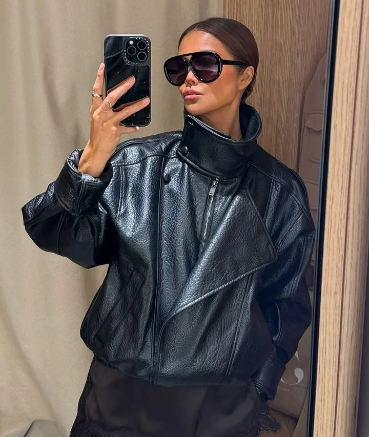 Black women's faux leather blazer with stand-up collar | loose-fit zip-up style