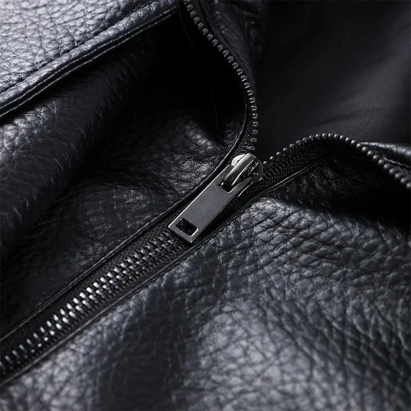 Black women's faux leather blazer with stand-up collar | loose-fit zip-up style