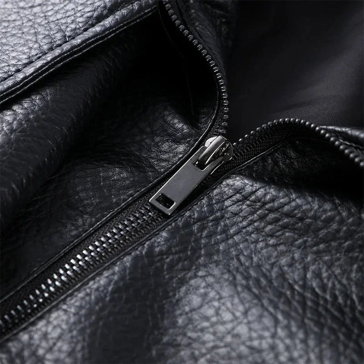 Black women's faux leather blazer with stand-up collar | loose-fit zip-up style