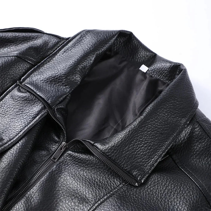 Black women's faux leather blazer with stand-up collar | loose-fit zip-up style