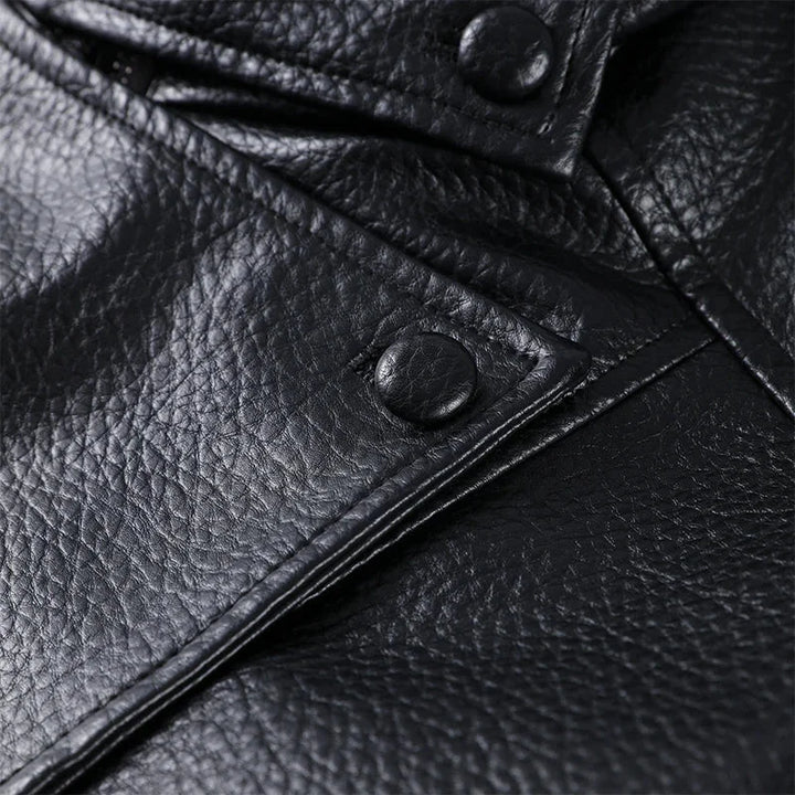 Black women's faux leather blazer with stand-up collar | loose-fit zip-up style