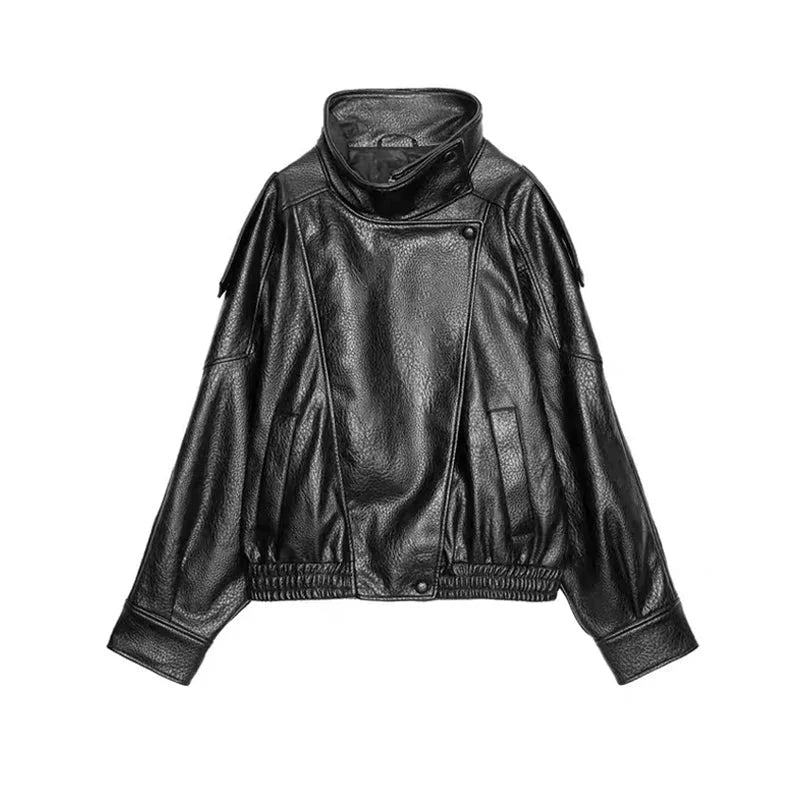 Black women's faux leather blazer with stand-up collar | loose-fit zip-up style