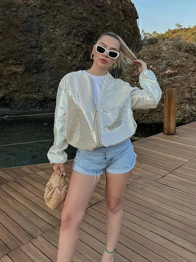 Shimmering ivory bomber jacket for women with sequins and a zipper