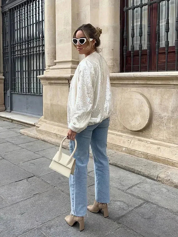 Shimmering ivory bomber jacket for women with sequins and a zipper