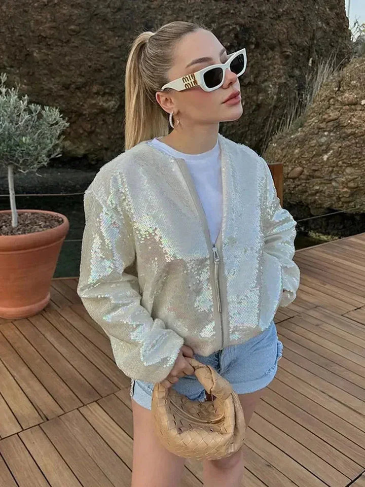 Shimmering ivory bomber jacket for women with sequins and a zipper