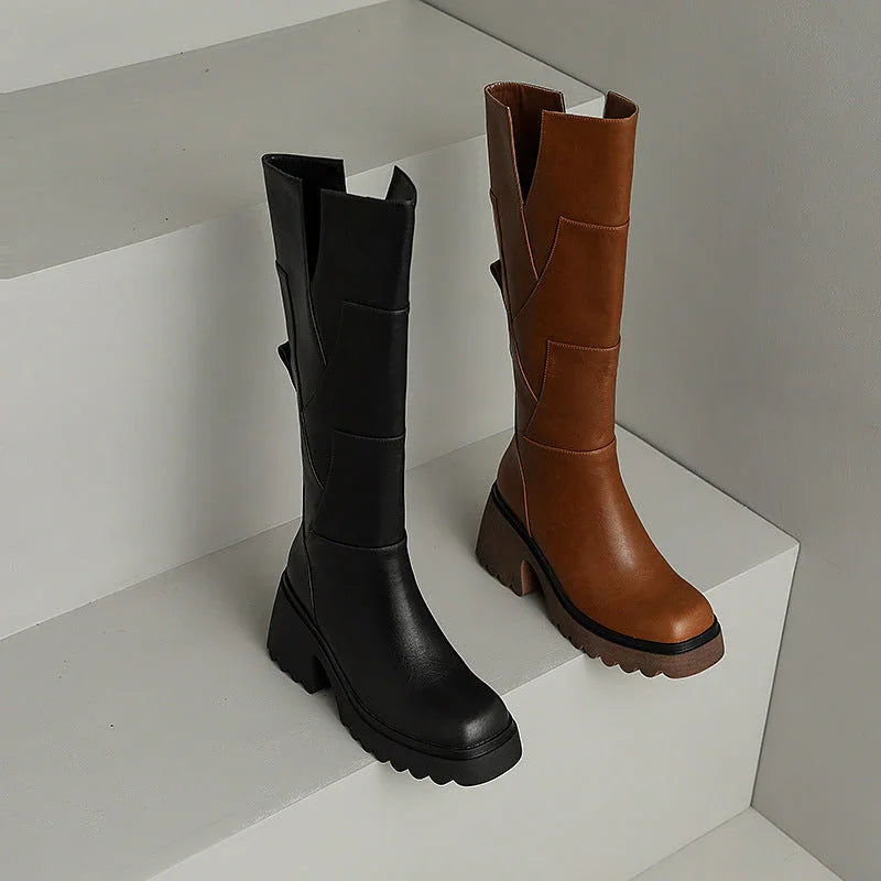 Women's high chunky boots with zipper and block heel